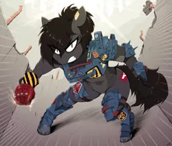 Size: 2000x1696 | Tagged: safe, artist:replica, derpibooru import, oc, oc:replica, unofficial characters only, anthro, earth pony, unguligrade anthro, armor, fallout, female, looking at you, power fist, raider, rebar, ruins, solo