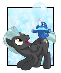 Size: 2160x2588 | Tagged: safe, artist:chainchomp2, derpibooru import, thunderlane, pegasus, pony, popplio, bubble, crossover, crouching, gift art, high res, looking back, male, pokémon, pokémon sun and moon, shading, signature, smiling, soft shading, stallion, vector