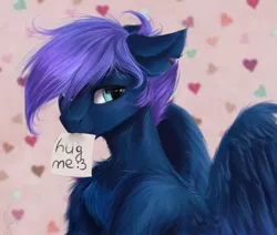 Size: 2362x2000 | Tagged: safe, artist:zefirayn, derpibooru import, oc, unofficial characters only, pegasus, pony, :3, bust, chest fluff, ear fluff, floppy ears, fluffy, freckles, heart, hug request, looking at you, male, mouth hold, portrait, shoulder fluff, solo, stallion, torn ear, wing fluff