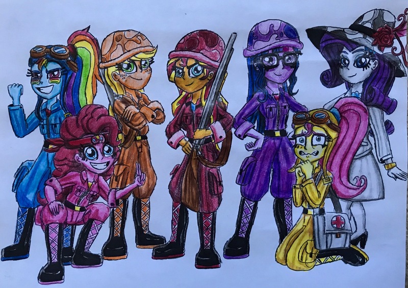 Size: 3169x2234 | Tagged: safe, artist:bozzerkazooers, derpibooru import, applejack, fluttershy, pinkie pie, rainbow dash, rarity, sci-twi, sunset shimmer, twilight sparkle, equestria girls, armor, boots, camouflage, clothes, confident, dress, first aid, first aid kit, glasses, goggles, gun, hat, helmet, high heels, pants, ponytail, rifle, scared, shirt, shoes, simple background, sword, traditional art, war, weapon, world war ii