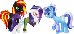 Size: 5000x2299 | Tagged: safe, artist:kruszyna25, artist:x-blackpearl-x, derpibooru import, minuette, rarity, oc, oc:fire sky, pegasus, pony, unicorn, antagonist, baddie, braces, cheerleader, clothes, conflict, exmarefriend, female, fight, glasses rarity, grease, green sweater, high school, male, mare, messy hair, nerdity, save, smiling, stallion, sweater