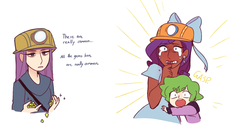 Size: 1118x611 | Tagged: artist:mimimonlon, crying, dark skin, derpibooru import, gem, helmet, human, humanized, maud pie, rarity, rock solid friendship, safe, scene interpretation, shocked, spike