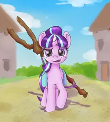 Size: 1087x1200 | Tagged: safe, artist:klemm, derpibooru import, starlight glimmer, pony, unicorn, atg 2017, female, newbie artist training grounds, our town, s5 starlight, saddle bag, smiling, smirk, solo, staff, staff of sameness