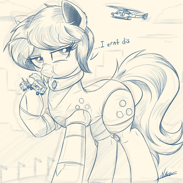 Size: 2048x2048 | Tagged: safe, artist:ncmares, derpibooru import, oc, oc:ultramare, unofficial characters only, earth pony, pony, commission, dialogue, eating, female, food, giant pony, helicopter, macro, mare, monochrome, oats, sketch, truck