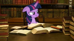 Size: 1366x768 | Tagged: safe, artist:aethon056, artist:pablomen13, derpibooru import, twilight sparkle, twilight sparkle (alicorn), alicorn, pony, book, bookshelf, female, folded wings, irl, library, magic, mare, pfft, photo, ponies in real life, solo, tongue out, vector