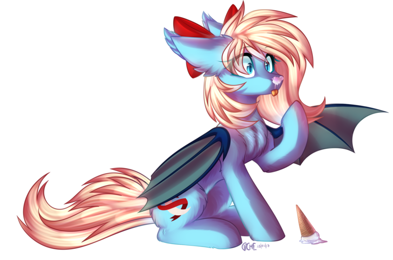 Size: 2986x1981 | Tagged: safe, artist:gicme, derpibooru import, oc, oc:moon ribbon, unofficial characters only, bat pony, pony, bat pony oc, bow, cute, dropped ice cream, food, ice cream, ice cream cone, licking, parent:oc:moonshot, parent:oc:sweet cakes, parents:sweetshot, simple background, solo, sweetshot, tongue out, transparent background, ych result