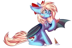 Size: 2986x1981 | Tagged: safe, artist:gicme, derpibooru import, oc, oc:moon ribbon, unofficial characters only, bat pony, pony, bat pony oc, bow, cute, dropped ice cream, food, ice cream, ice cream cone, licking, parent:oc:moonshot, parent:oc:sweet cakes, parents:sweetshot, simple background, solo, sweetshot, tongue out, transparent background, ych result
