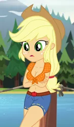 Size: 400x690 | Tagged: safe, derpibooru import, edit, edited screencap, editor:ah96, screencap, applejack, equestria girls, legend of everfree, belly button, breast edit, breasts, busty applejack, cleavage, clothes, cropped, daisy dukes, female, front knot midriff, midriff, shorts, solo