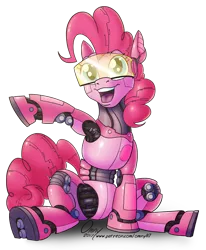 Size: 1000x1212 | Tagged: safe, artist:omny87, derpibooru import, pinkie pie, pony, robot, robot pony, featureless crotch, female, looking at you, open mouth, ponkbot, simple background, sitting, smiling, solo, spread legs, spreading, transparent background, underhoof, visor, waving