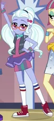 Size: 360x799 | Tagged: safe, derpibooru import, screencap, lemon zest, sour sweet, sugarcoat, dance magic, equestria girls, spoiler:eqg specials, clothes, converse, cropped, crystal prep, cute, female, glasses, hairpin, legs, looking at you, neckband, shoes, skirt, smiling, sneakers, socks, sugarcute, tutu, wristband