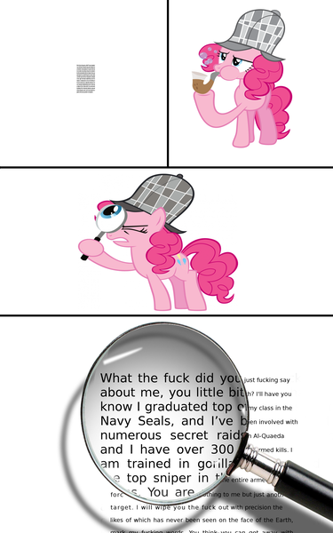 Size: 2500x4000 | Tagged: questionable, derpibooru import, pinkie pie, pony, copypasta, investigation, investigator, magnifying glass, meme, mlpol, navy seal, navy seal copypasta, sherlock, sherlock holmes, vulgar