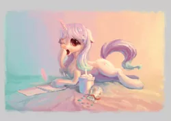 Size: 1527x1080 | Tagged: safe, artist:plainoasis, derpibooru import, oc, oc:reverie, unofficial characters only, pony, unicorn, art trade, book, candy, female, food, ice cream, looking at you, lying down, mare, solo, writing, yawn