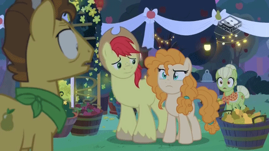 Size: 541x304 | Tagged: safe, derpibooru import, screencap, bright mac, grand pear, granny smith, pear butter, pony, the perfect pear, animated, apple, boomerang (tv channel), brightbutter, clothes, cute, daaaaaaaaaaaw, father and daughter, father and son-in-law, female, food, gif, hat, hug, husband and wife, loop, love, male, marriage, mother and child, mother and daughter-in-law, mother and son, pear, pure, sad, sadorable, scarf, shipping, squish, straight, wedding, wholesome, young grand pear, young granny smith, younger
