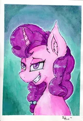 Size: 1693x2473 | Tagged: safe, artist:ruby dusk, derpibooru import, sugar belle, pony, unicorn, bust, female, mare, portrait, simple background, solo, traditional art, watercolor painting