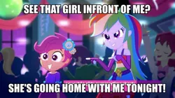 Size: 900x505 | Tagged: safe, derpibooru import, edit, edited screencap, screencap, rainbow dash, scootaloo, eqg summertime shorts, equestria girls, raise this roof, caption, clothes, fall formal outfits, female, fingerless gloves, gloves, image macro, implied lesbian, implied scootadash, implied shipping, meme, this will end in jail time
