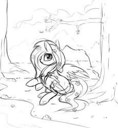 Size: 918x1000 | Tagged: safe, artist:aureai-sketches, derpibooru import, fluttershy, pegasus, pony, black and white, cloud, female, flower, flower in hair, grayscale, happy, looking back, mare, monochrome, prone, river, scenery, sketch, smiling, solo, spread wings, tree, wings