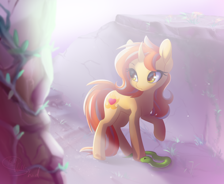 Size: 2500x2052 | Tagged: safe, artist:vallionshad, derpibooru import, oc, oc:cinderheart, unofficial characters only, pony, snake, unicorn, bright, crepuscular rays, curious, curved horn, female, golden eyes, lighting, mare, pet, ruins, solo, vine