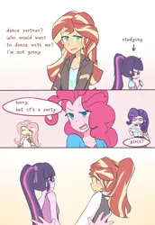 Size: 1280x1860 | Tagged: safe, artist:yuck, derpibooru import, fluttershy, pinkie pie, rarity, sci-twi, sunset shimmer, twilight sparkle, equestria girls, alternate costumes, blushing, clothes, comic, dancing, dress, female, lesbian, looking at each other, looking at you, party, pinkie the shipper, scitwishimmer, shipper on deck, shipping, sunsetsparkle