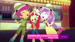 Size: 1920x1080 | Tagged: safe, derpibooru import, screencap, apple bloom, scootaloo, sweetie belle, eqg summertime shorts, equestria girls, the canterlot movie club, cutie mark crusaders, daring do costume, dash and scootaloo's cycle of obsession, high five