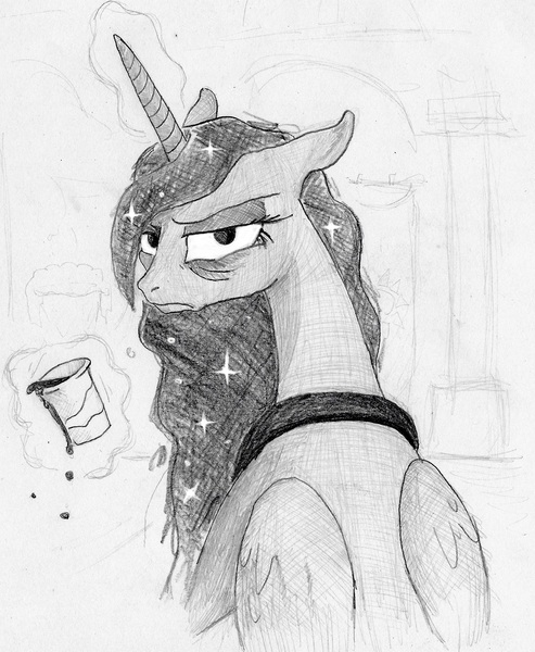 Size: 930x1132 | Tagged: safe, artist:t72b, derpibooru import, princess luna, pony, a royal problem, coffee, grumpy, grumpy luna, levitation, looking at you, looking back, magic, monochrome, solo, telekinesis, traditional art