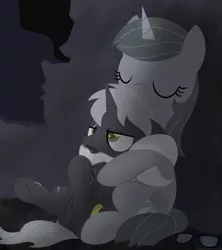 Size: 1920x2160 | Tagged: safe, artist:dtcx97, derpibooru import, oc, oc:ashen winter, oc:midnight guide, unofficial characters only, pony, unicorn, fallout equestria, annoyed, clothes, colt, cuddling, cute, female, male, mare, pouting, ruins, scar, scarf