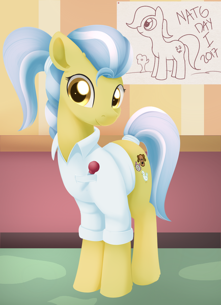 Size: 950x1312 | Tagged: safe, artist:dusthiel, derpibooru import, doctor fauna, earth pony, pony, fluttershy leans in, atg 2017, clothes, cute, doctor, drawing, female, looking at you, mare, newbie artist training grounds, ponytail, rolled up sleeves, smiling, solo