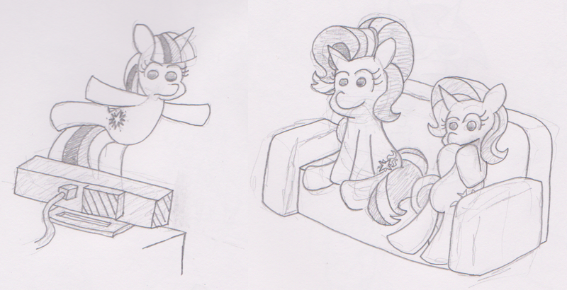 Size: 1262x646 | Tagged: safe, artist:threetwotwo32232, derpibooru import, starlight glimmer, trixie, twilight sparkle, twilight sparkle (alicorn), alicorn, pony, couch, female, kinect, mare, monochrome, newbie artist training grounds, pencil drawing, sitting, traditional art, xbox one