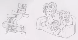 Size: 1262x646 | Tagged: safe, artist:threetwotwo32232, derpibooru import, starlight glimmer, trixie, twilight sparkle, twilight sparkle (alicorn), alicorn, pony, couch, female, kinect, mare, monochrome, newbie artist training grounds, pencil drawing, sitting, traditional art, xbox one