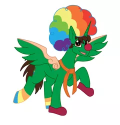 Size: 1024x1065 | Tagged: safe, artist:rosequartz1, derpibooru import, oc, oc:frost d. tart, unofficial characters only, alicorn, pony, alicorn oc, clothes, clown, clown nose, clown shoes, male, rainbow wig, simple background, socks, solo, stallion, white background