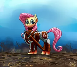 Size: 1750x1519 | Tagged: safe, artist:pwnyville, derpibooru import, fluttershy, pony, armor, badass, flutterbadass, shield, sword, weapon