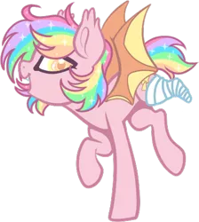 Size: 406x454 | Tagged: safe, artist:sweethearttarot, derpibooru import, oc, oc:paper stars, unofficial characters only, bat pony, pony, amputee, bandage, cute, cute little fangs, ear fluff, fangs, missing limb, prancing, simple background, solo, transparent background