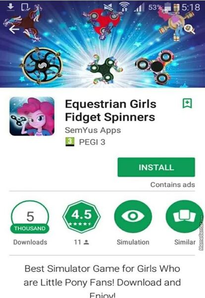 Size: 480x696 | Tagged: safe, derpibooru import, photographer:thedriveintheatre, applejack, pinkie pie, rarity, equestria girls, bootleg, engrish, fidget spinner, google play, memecenter, why