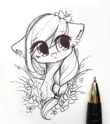 Size: 1024x1146 | Tagged: safe, artist:chimeeri, derpibooru import, oc, unofficial characters only, pony, bust, floppy ears, flower, flower in hair, monochrome, solo, traditional art