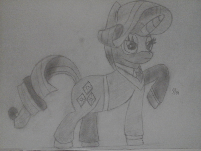 Size: 2048x1536 | Tagged: safe, artist:asymmetricalknot, deleted from derpibooru, derpibooru import, rarity, pony, clothes, crossover, grayscale, monochrome, raised hoof, rarispy, solo, spy, team fortress 2, traditional art