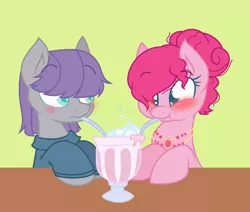 Size: 914x774 | Tagged: safe, artist:jaysey, artist:joey darkmeat, derpibooru import, maud pie, pinkie pie, earth pony, pony, alternate hairstyle, base used, blushing, clothes, female, jewelry, mare, milkshake, necklace, sharing a drink, silly