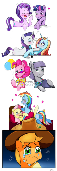 Size: 3300x9800 | Tagged: suggestive, artist:ragdoll, derpibooru import, applejack, fluttershy, maud pie, pinkie pie, rainbow dash, rarity, sassy saddles, starlight glimmer, twilight sparkle, alicorn, earth pony, pegasus, pony, unicorn, alone, applejack's hat, comic, cowboy hat, crying, female, flutterdash, forever alone, hat, left out, lesbian, lonely, mane six, meme, pie sisters, rarisaddles, sad, sadness, shipping, siblings, sisters, twistarlight, unhapplejack