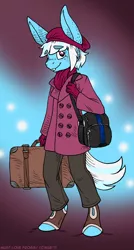 Size: 643x1200 | Tagged: adopted offspring, anthro, artist:kaemantis, clothes, coat, derpibooru import, hat, mule, oc, oc:minolta grandeur, pants, parent:photo finish, parents:zestyfinish, parent:zesty gourmand, safe, solo, suitcase, unguligrade anthro, unofficial characters only, winter outfit