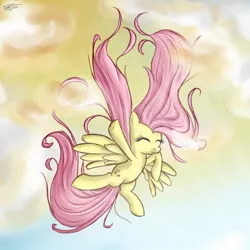 Size: 900x900 | Tagged: safe, artist:speccysy, derpibooru import, edit, fluttershy, pegasus, pony, cloud, cloudy, cute, eyes closed, female, flying, happy, mare, messy mane, milestone, shyabetes, signature, sky, smiling, solo, spread wings, sunlight, sunshine, upside down, wings