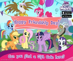 Size: 940x788 | Tagged: safe, derpibooru import, applejack, discord, fluttershy, gilda, pinkie pie, rainbow dash, rarity, spike, twilight sparkle, twilight sparkle (alicorn), alicorn, dragon, gryphon, my little pony: the movie, friendship day, gameloft, mane seven, mane six, my little pony logo