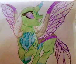 Size: 900x768 | Tagged: artist:evergreen-gemdust, changedling, changeling, changeling oc, derpibooru import, oc, safe, solo, traditional art, unofficial characters only