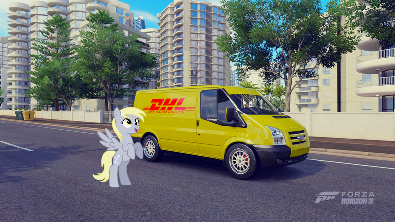 Size: 1920x1080 | Tagged: safe, artist:peternators, derpibooru import, derpy hooves, pony, car, crossover, dhl, ford, ford transit, forza horizon 3, parody