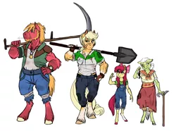 Size: 3960x2940 | Tagged: safe, artist:earthsong9405, deleted from derpibooru, derpibooru import, apple bloom, applejack, big macintosh, granny smith, anthro, earth pony, unguligrade anthro, scar, scythe, shovel, walking cane