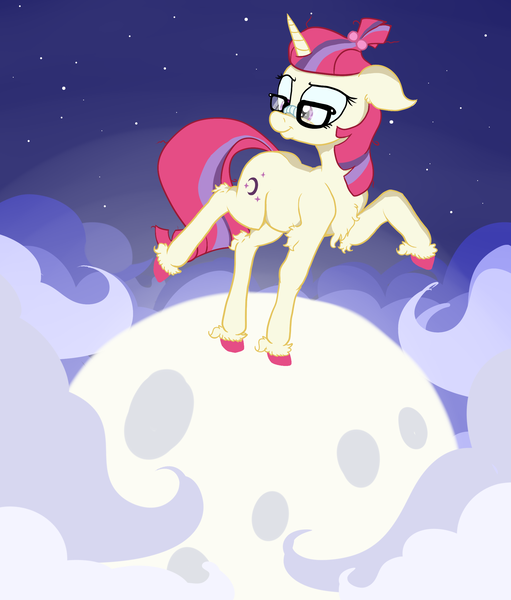 Size: 2093x2456 | Tagged: safe, artist:paskanaakka, derpibooru import, moondancer, pony, unicorn, chest fluff, cloud, colored hooves, dancing, female, floppy ears, glasses, literal, mare, moon, night, pun, smiling, solo, stars, tangible heavenly object, unshorn fetlocks, visual pun