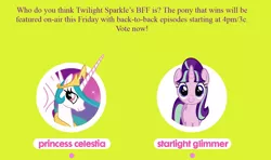 Size: 1370x812 | Tagged: alicorn, bff, derpibooru import, discovery family, equestria daily, friendship fridays, princess celestia, safe, starlight glimmer, stock vector, text, vote