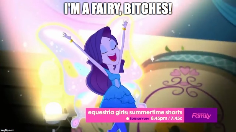 Size: 888x499 | Tagged: safe, derpibooru import, edit, edited screencap, screencap, rarity, fairy, a photo booth story, eqg summertime shorts, equestria girls, fall formal outfits, glimmer wings, image macro, meme, solo, text, vulgar