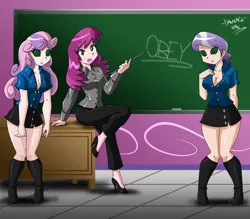 Size: 1600x1400 | Tagged: suggestive, artist:danmakuman, derpibooru import, cheerilee, diamond tiara, sweetie belle, human, equestria girls, blouse, boots, breasts, busty diamond tiara, busty sweetie belle, chalkboard, classroom, cleavage, clothes, commission, cute, desk, diamondbetes, diasweetes, female, high heels, human coloration, humanized, hypnosis, hypnotized, latex, obey, older, older diamond tiara, older sweetie belle, open mouth, pants, school, school uniform, sexy, shoes, signature, skirt, smiling, student, swirly eyes, teacher, teacher and student, trance