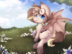 Size: 1500x1125 | Tagged: safe, artist:teranen, derpibooru import, oc, oc:cogwheel, unofficial characters only, bat pony, pony, bat pony oc, blue eyes, built in socks, colored pupils, commission, female, flower, goggles, grass, mare, outdoors, sky, socks (coat marking), solo, tongue out, tree, underhoof