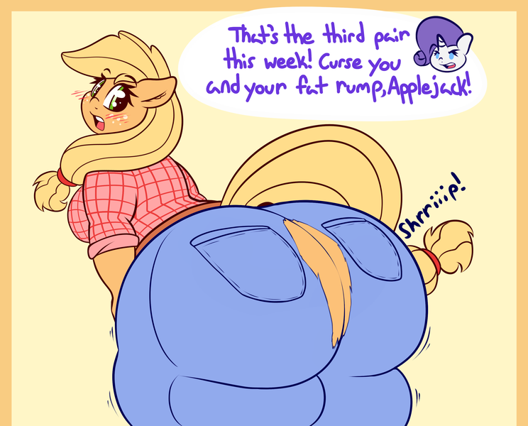 Size: 3000x2418 | Tagged: suggestive, artist:graphenescloset, derpibooru import, applejack, rarity, anthro, unicorn, applebucking thighs, applebutt, applefat, ass, blushing, breasts, busty applejack, butt, buttcrack, chubby, clothes, commando, dialogue, fat, female, freckles, huge butt, jeans, large butt, looking back, mare, pants, plaid shirt, ripped pants, speech bubble, the ass was fat, thunder thighs, wardrobe malfunction, wide hips