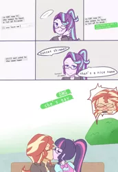 Size: 826x1200 | Tagged: safe, artist:yuck, derpibooru import, sci-twi, starlight glimmer, sunset shimmer, twilight sparkle, equestria girls, blushing, bush, comic, counterparts, eyes closed, female, human sunset, kissing, lesbian, scitwishimmer, shipping, spying, sunsetsparkle, twilight's counterparts