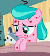 Size: 173x193 | Tagged: safe, derpibooru import, screencap, aquamarine, pony, a flurry of emotions, bed, horsey hives, sad, sick, solo